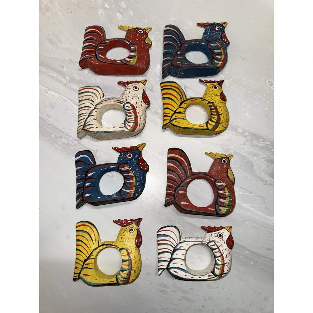 Set of 8 VTG Chicken Hen Farm Wooden Hand Carved/Painted Napkin Rings Cottage